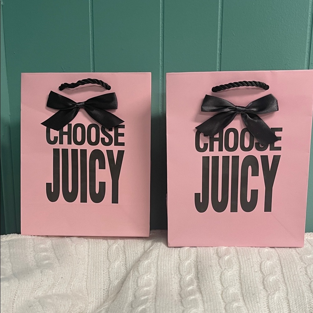BN SET OF 2 VINTAGE “CHOOSE JUICY” JUICY COUTURE PINK & BROWN BOW LOGO BAG 8x10